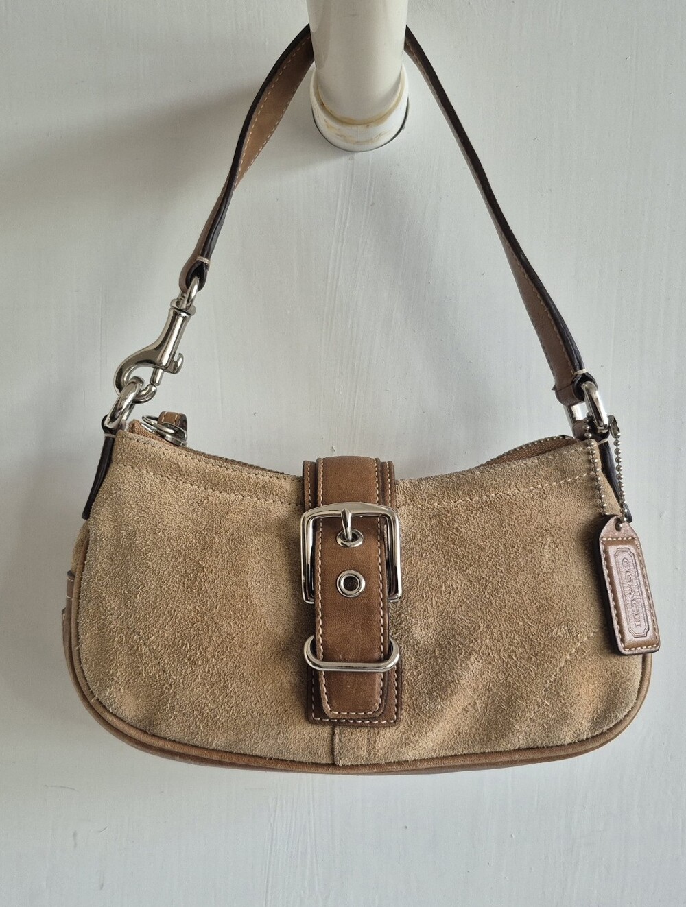 Coach Soho Hamptons Beige/Tan Suede Small Hobo Bag with Buckle Strap